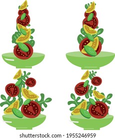 Vector graphics Salad in a green bowl. Cucumbers, tomatoes, herbs 