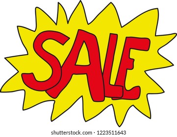 Vector graphics with sale tag, text in red on yellow background with the word Sale