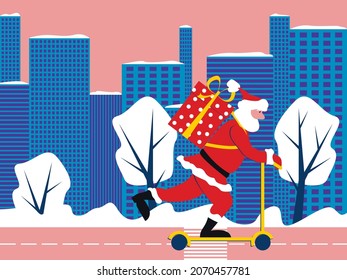 Vector graphics - Santa Claus in a red suit rides on a road through a city with tall houses and snow-covered trees on a scooter with a large gift box on his back. Concept Christmas