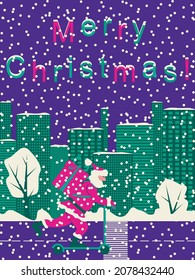 Gráficos vectores - Santa Claus en traje rojo recorre la carretera en una moto con un gran regalo en una calle con altas casas modernas y nevadas. Tarjeta de felicitación de Navidad conceptual