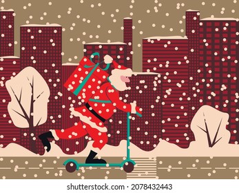 Vector graphics - Santa Claus in a red suit rides along the road on a scooter with a big gift on a street with tall modern houses and snowfall. Concept Christmas greeting card