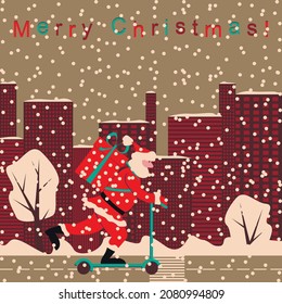 Vector graphics - Santa Claus in a suit rides along the road on a scooter with a big gift on a street with tall modern houses and snowfall. Concept Christmas greeting card