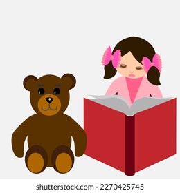 Gráficos vectoriales. Una chica en edad escolar está leyendo un libro a su amigo oso de peluche.