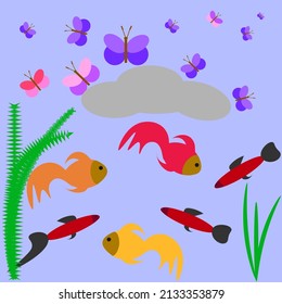 Vector graphics. Sea and air on a blue background. Exotic fish swim in the sea, purple butterflies fly in the air.
