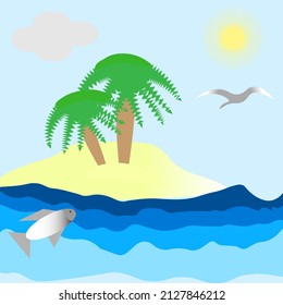 Gráficos vectoriales. Mar, isla, sol, palmeras. Hay un pez en el mar, un pájaro en el cielo.