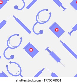 Vector graphics, seamless background, phonendoscope, thermometer, syringe and box with pills. Flat design.