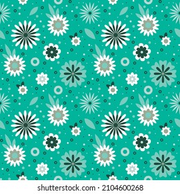 Vector graphics - seamless floral pattern with buds and petals on a summer green bed background. Concept fabric or wallpaper