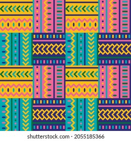 Gráficos vectoriales - ornamento étnico geométrico sin fisuras con líneas y zigzags en el estilo de mosaico de colores brillantes a la moda