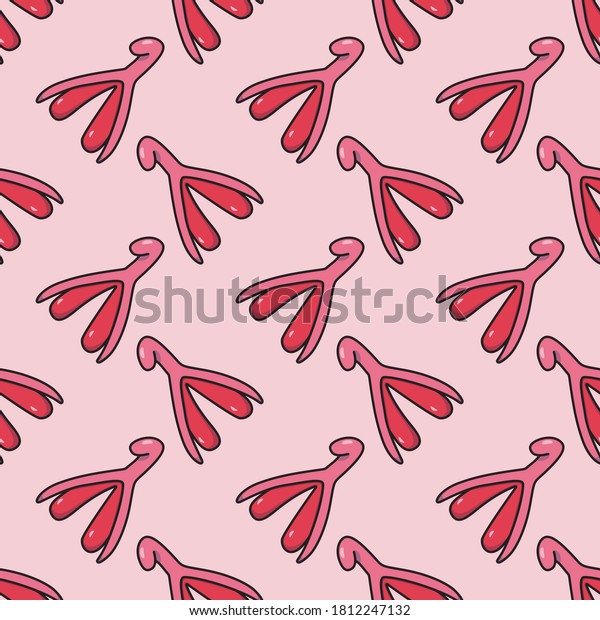 Vector graphics of seamless pattern art\
illustration of female reproductive system of clitoris and orgasm.\
On pink background. Feminism and female genital health theme.\
Freehand drawing color.