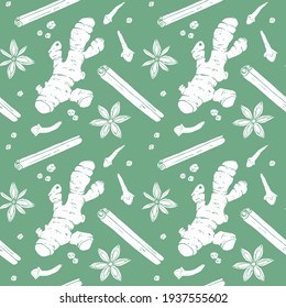Vector graphics seamless pattern in contour style. Fragrant spices ginger root, cinnamon sticks, cloves, star anise and peppercorns illustration hand-drawn on a green background.