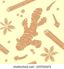 Vector graphics seamless pattern in contour style. Fragrant spices ginger root, cinnamon sticks, cloves, star anise and peppercorns illustration hand-drawn on a yellow background.