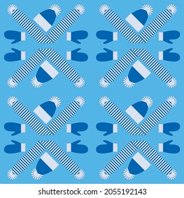 Vector graphics - seamless pattern with knitted mittens, hats and scarves in trendy colors. Concept - winter season and Christmas