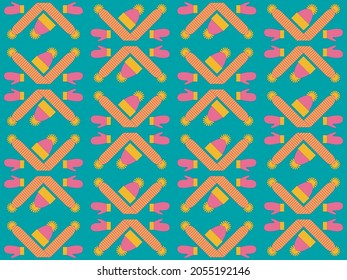 Vector graphics - seamless pattern with knitted mittens, hats and scarves in trendy colors. Concept - winter season and Christmas