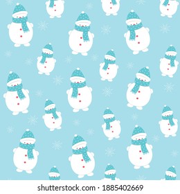 Vector graphics. Seamless pattern. New Year Christmas. Blue background, snowman, with a scarf and a hat. For printing on fabric and paper. Postcard, background, festive packing.