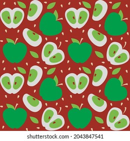 Vector graphics - a seamless pattern with whole ripe apples and slices of trendy bright colors. Concept-wrapping paper and seasonal harvest