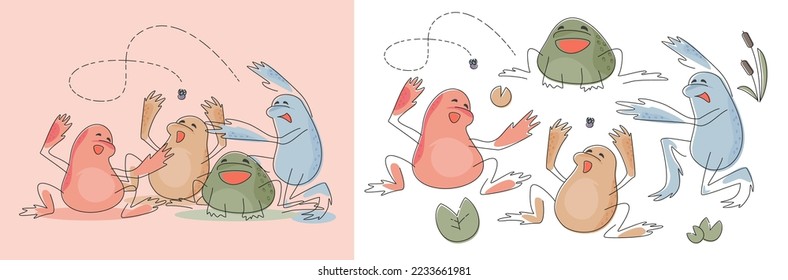 Vector graphics. A selection of different frogs. Different colors. Funny character. Children's drawing by hand. A template for your ideas.