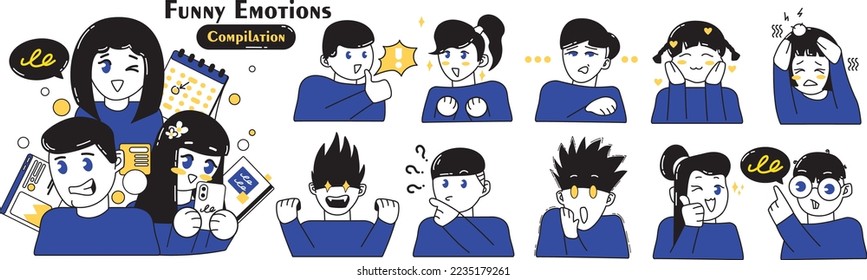 Vector graphics. A selection of people with different emotions. Compilation. A network of different characters. In one set of colors.