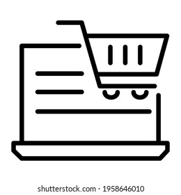 Gráficos vectoriales. SEO marketing, analítica, publicidad, ícono de negocio. Iconos lineales como compras en línea. Portátil lineal, cesta de contorno.