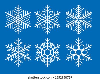 Vector graphics - set of 6 white snowflakes of different shapes on a blue isolated background