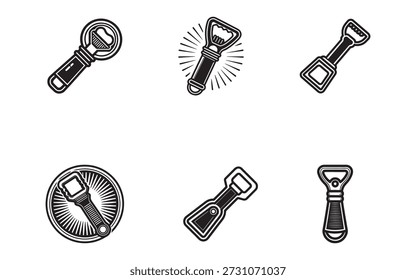 Vektorgrafik-Set von Flaschenöffner-Icons für Bier und Soda-Getränke Einfache Linie Art Designs