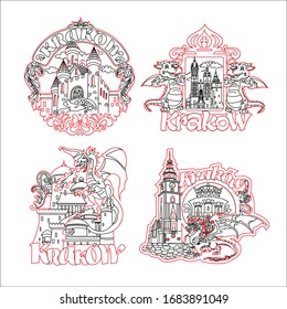 Vector graphics set. City of Krakow. Poland. Souvenir magnet, sticker, emblem. Drag of Dragon and Architecture. The illustration is perfect for laser cutting.