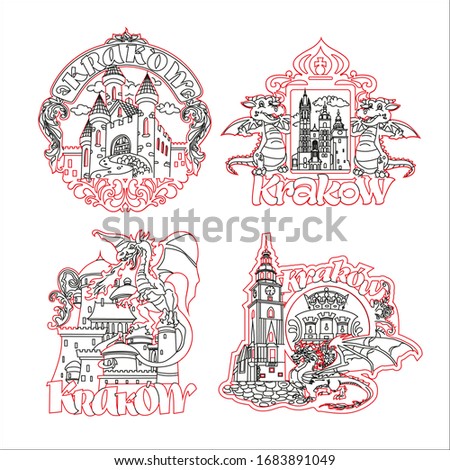 Vector graphics set. City of Krakow. Poland. Souvenir magnet, sticker, emblem. Drag of Dragon and Architecture. The illustration is perfect for laser cutting.