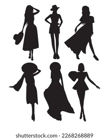 Vector graphics set of different vector black silhouettes of girls in dress for fashion design