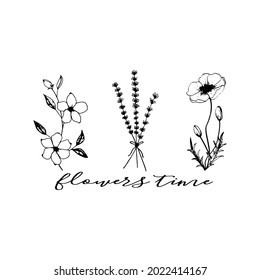 vector graphics, set of flowers, lavender, wild rose,lettering