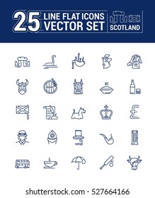 Vector graphics set in lines and flat design. Element, sign, emblem and symbol of Scotland. The concept of linear icons for web site and application.