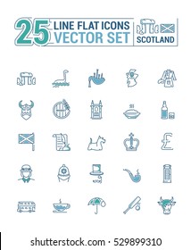 Vector graphics set in lines and flat design. Element, sign, emblem and symbol of Scotland. The concept of linear icons for web site and application.