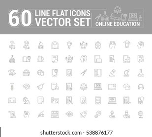 Vector graphics set. Online education. Distance learning. Internet training student. Concept home schooling in inear, contour, thin, flat, design. Element, emblem, symbol, icon, sign, for web site.