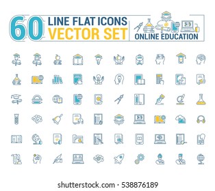Vector graphics set. Online education. Distance learning. Internet training student. Concept home schooling in inear, contour, thin, flat, design. Element, emblem, symbol, icon, sign, for web site.