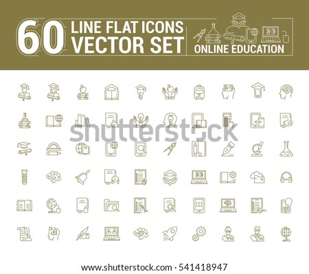 Vector graphics set. Online education. Distance learning. Internet training student. Concept home schooling in inear, contour, thin, flat, design. Element, emblem, symbol, icon, sign, for web site.