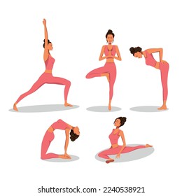 Vector graphics set of poses of yoga girl in asana camel tree voyin pigeon in pink suit