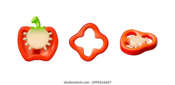 Vector graphics of a set of ripe red bell peppers, sliced and halved, on a white background. Cartoon 3d style, perfect for organic vegetarian cuisine.