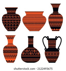 Vector graphics - a set of six ceramic vases of different shapes with black and orange traditional geometric Greek ornament isolated. Concept culture traditions - tourist souvenir