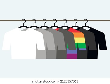 Vector graphics - a set of T-shirts hanging on hangers - gray, white and rainbow. Concept - LGBT rights and diversity