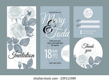 Vector graphics. Set of wedding invitations and announcements with vintage background artwork. Invitation, thank you, rsvp.
