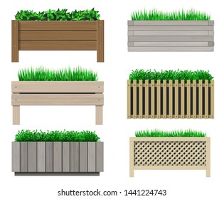 Vector graphics. A set of wooden pots for plants. Grass and flowers