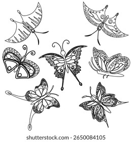 Vector graphics. Seven outlines of butterflies in black and white tones on a white background.