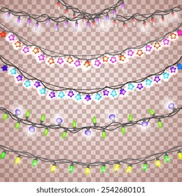 Vector graphics. Several types of electric garlands on a transparent background.