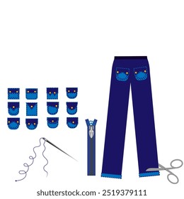 Gráficos de Vector. Coser y reparar ropa. Pantalones más cortos. Sobre fondo blanco pantalones, tijeras, aguja, cremallera y 12 tipos de bolsillos.