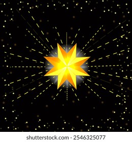 Vector graphics. Shining golden star on dark background.