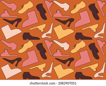 Vector graphics - shoes, boots, slippers and boots of simple shapes and trendy colors scattered on the background. Concept packaging in a shoe store