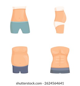 Gráficos vetoriais exibindo quatro estágios de transformação corporal, do excesso de peso ao ajuste