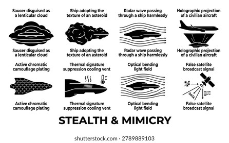 Vector graphics showcasing stealth and mimicry techniques like cloud texture asteroid mimicry radar invisibility holographic projections and camouflage plating.