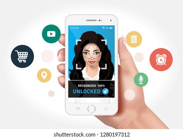 Vector graphics showing a hand holding a smartphone with face recognition system to unlock the application. Identification of a woman's face.