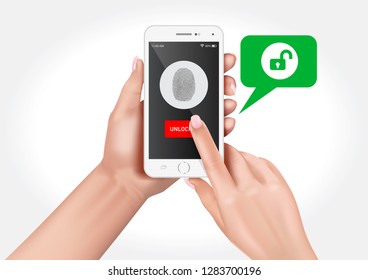 Vector graphics showing hands holding a smartphone with fingerprint protection.