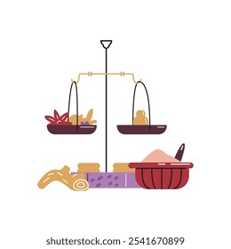 Vector graphics showing a set of spices, including ginger, cardamom and anise, weighed on a scale and ground in a mortar. Suitable design for kitchen