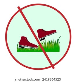 Vector graphics. Sign prohibiting walking on lawns. Two red boots step and trample the growing grass.